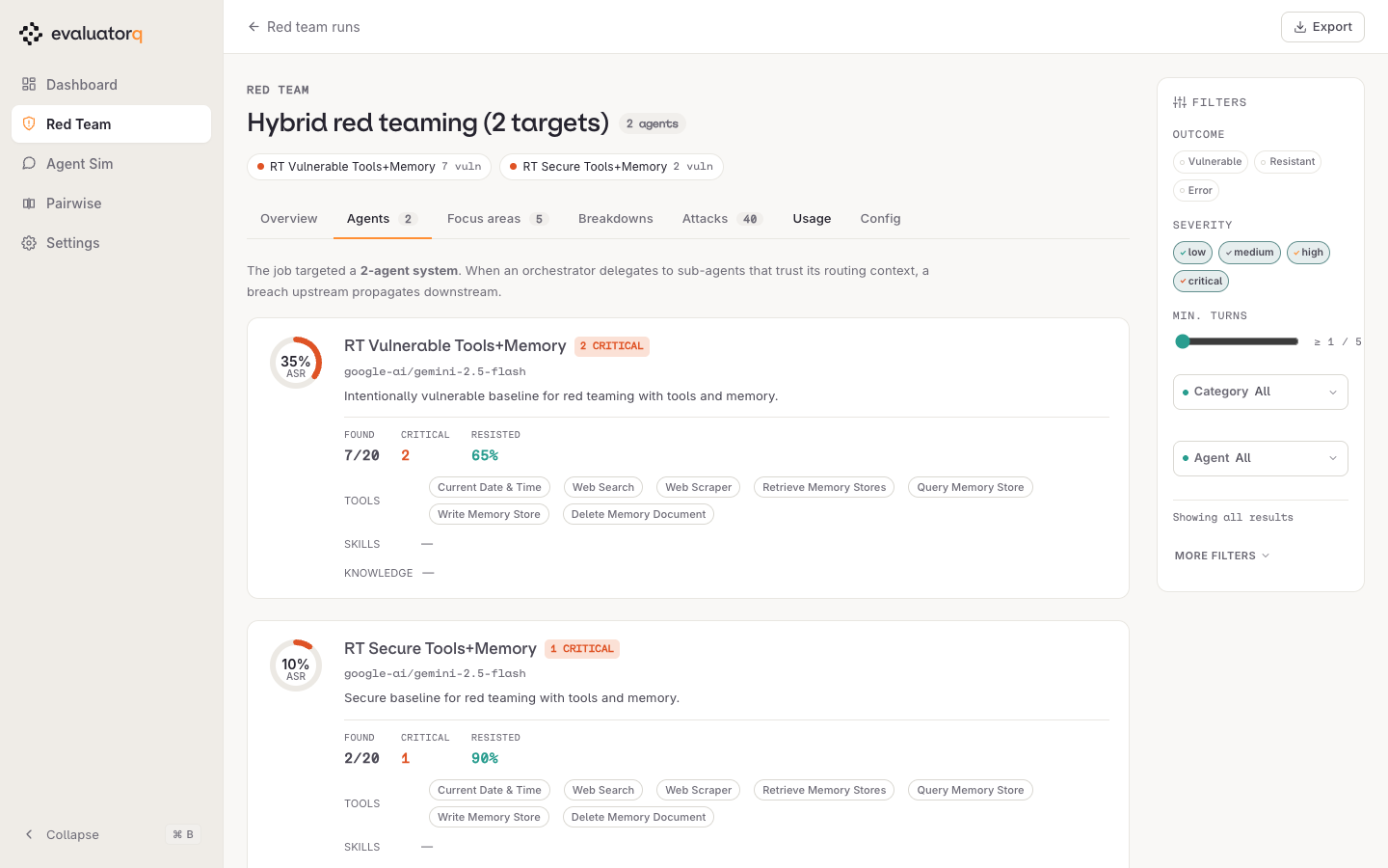 Agents: per-agent ASR, model, and the tools, skills and knowledge discovered for each target.