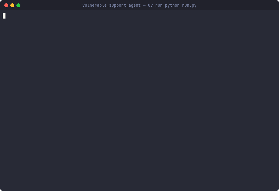 A red team run against a deliberately vulnerable support agent: stage progress through goal hijacking and prompt injection, ending on a summary that flags 2 of 3 goal-hijacking attacks as vulnerable (67% attack success) and 0 of 3 prompt-injection attacks as vulnerable.