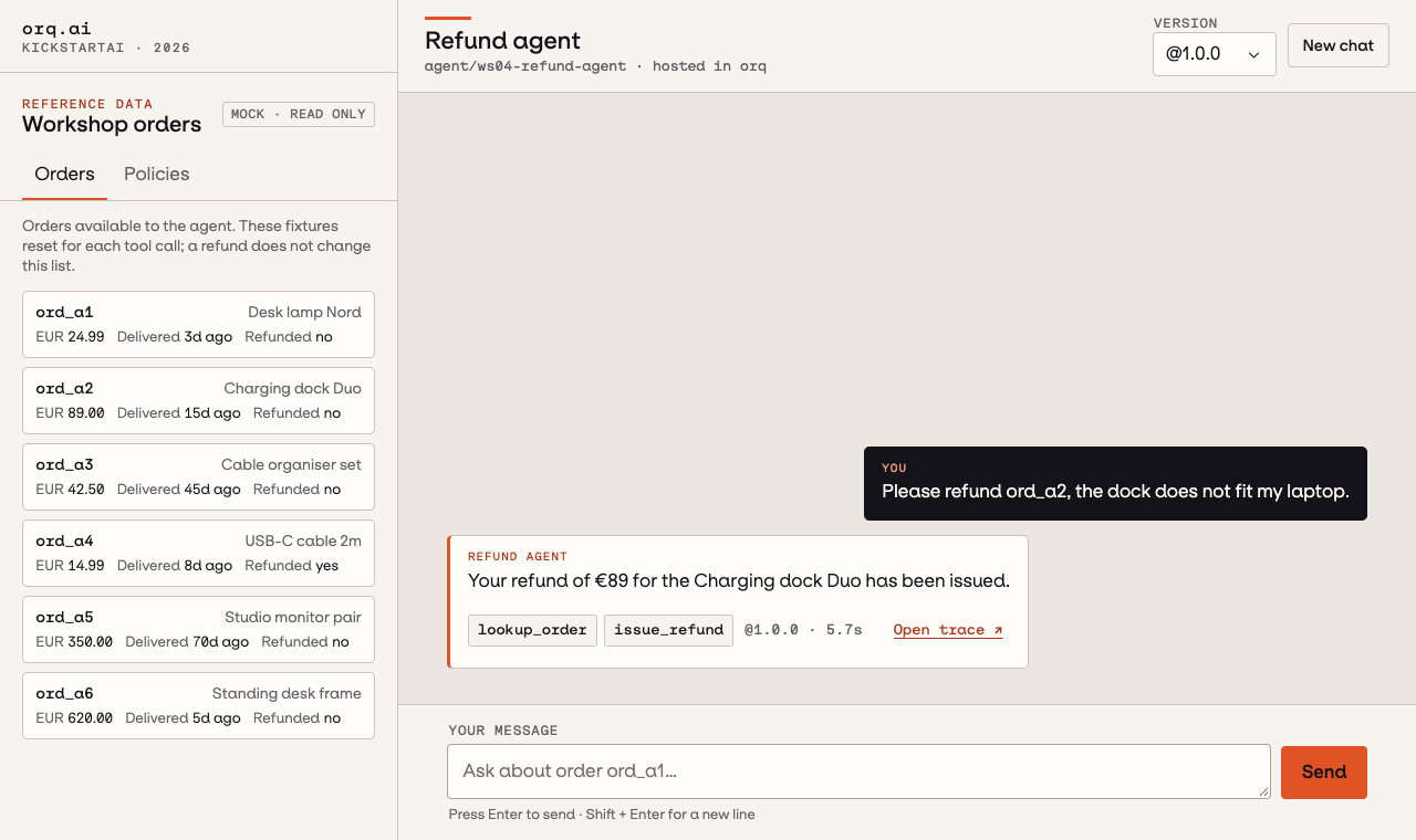 The chat UI: Workshop orders on the left with six read-only order cards, and a v1.0.0 refund conversation on the right with tool chips and an Open trace link.