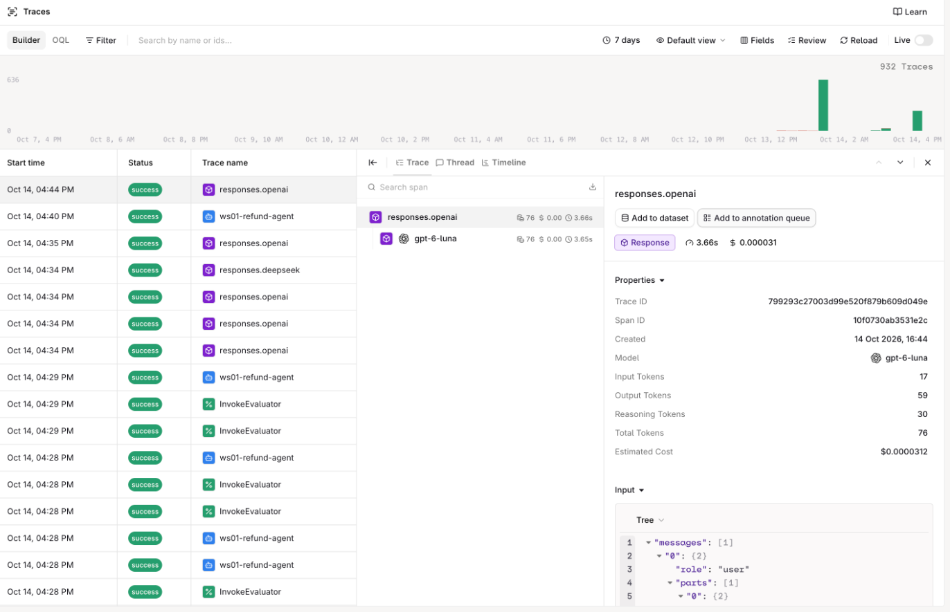 The Traces page with the gateway check selected: one responses.openai trace with a gpt-6-luna span, its model, input, output and reasoning tokens, and estimated cost.