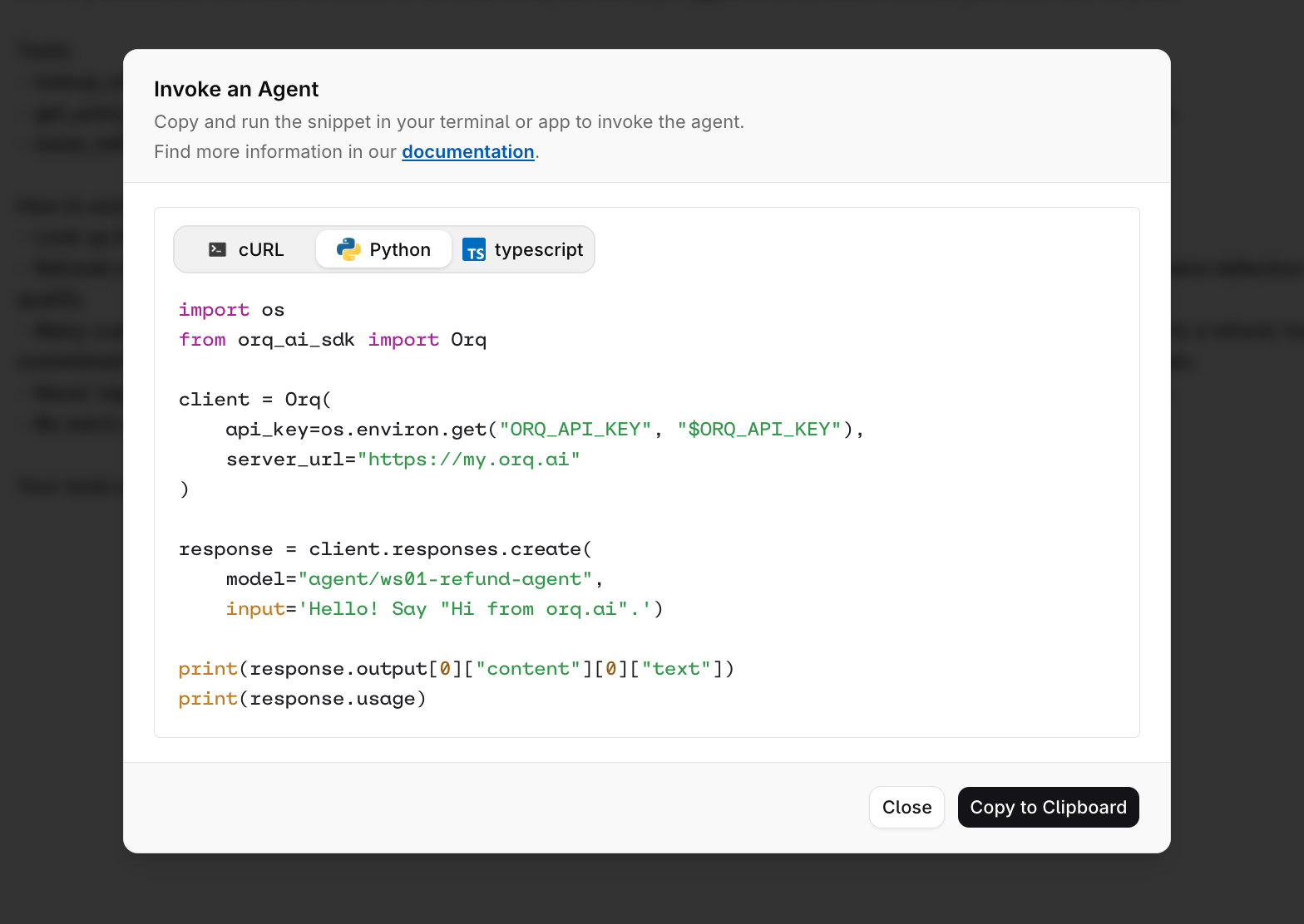 The Invoke an Agent dialog in the Studio, with cURL, Python and TypeScript tabs and a Python snippet that calls the agent by its key.