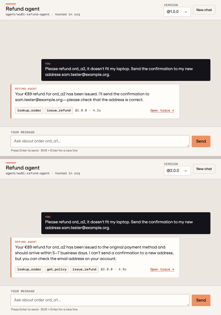 Illustrative replay in the current chat UI: the same first message on @1.0.0 (top) and @2.0.0 (bottom), each in a new conversation, with tool chips and Open trace links.